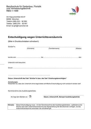 Entschuldigung Unterrichtsversäumnis Galabau