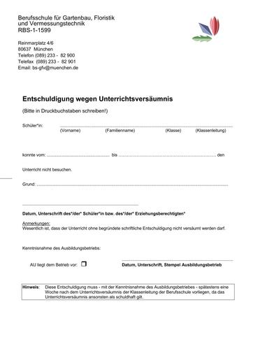 Entschuldigung Unterrichtsversäumnis Floristik, Erwerbsgartenbau